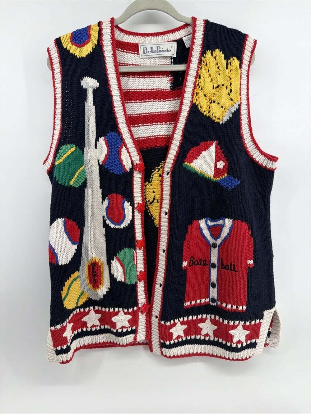 Vintage Belle Pointe Baseball Cardigan Sweater Vest Sz M Americana Cottagecore